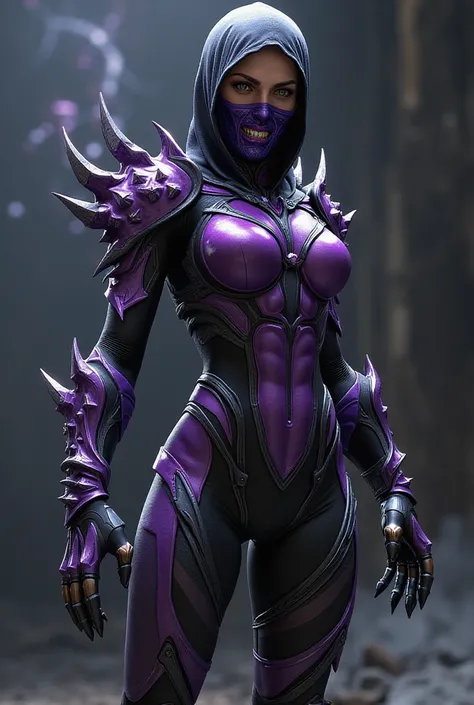 (((millennium of mortal kombat,  ultra realistic))), (((full body))), (((perfect hands))), old background, (((Perfect Weapons))), She wears a lethal suit in shades of purple and black, combining light armor and tight fabric that highlights her agility and ...