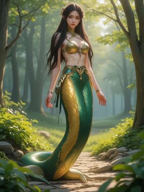  A mystical snake woman, half human and half serpent, with a captivating and enchanting presence. She has long, flowing ray hair that cascades down her back, blending seamlessly with the scales of her lower body. Her upper body is that of a graceful woman,...