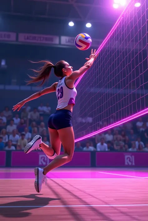 Volleyball player attacking the ball in the uniform purple net