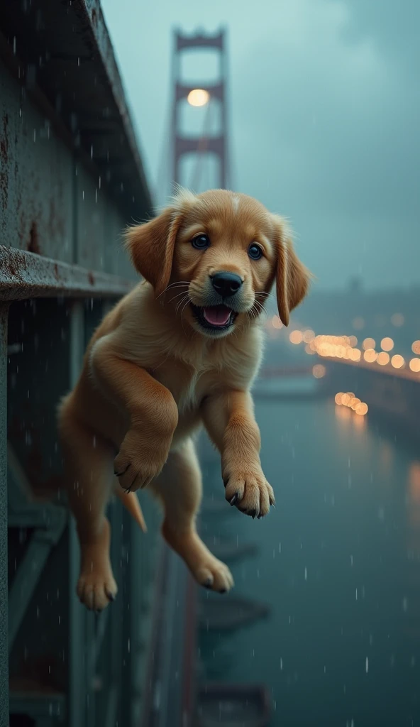 "Create a photorealistic image in high definition (8k) of a golden retriever puppy hanging in a vulnerable situation that arouses strong emotion. The puppy, with soft golden fur and innocent expression, is holding on just by its front legs on the edge of a...