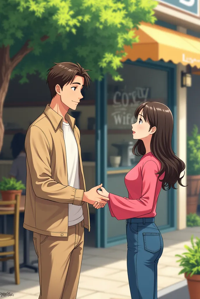 Anime of a men (beige coloured pant , jacket and tshirt) and a women (pink top full sleeves and blue jeans ) handshaking under tree infront of coffee shop
