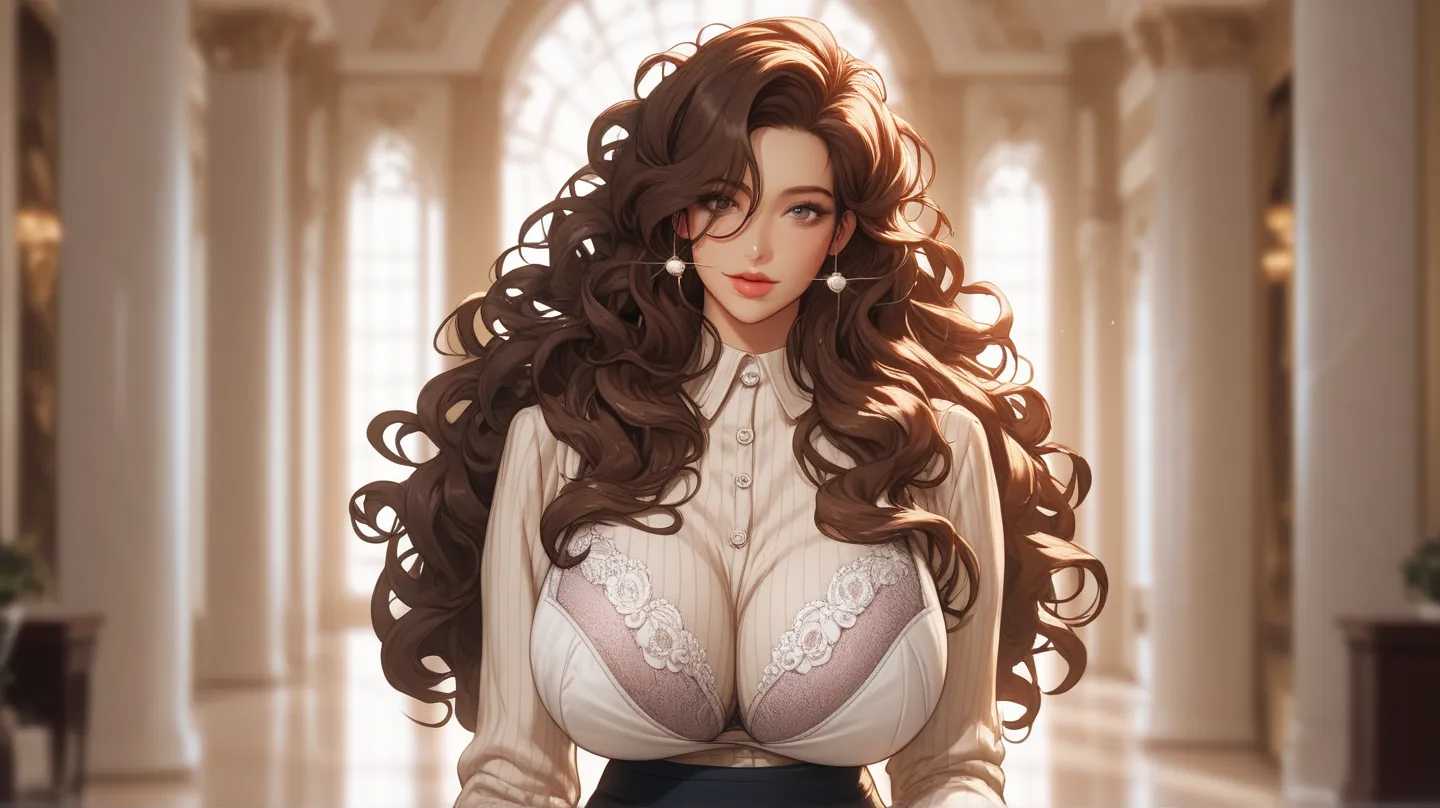 masterpiece, best_quality:1.2), 1girl, solo, mature female, aimee, brown hair, loose hair, extra loose hair, (housewife:1.5, bra , skirt, long sleeves), beautiful eyes, female focus, huge breast, wide hips, looking at viewer, ((close up shot)) ((solo)) det...