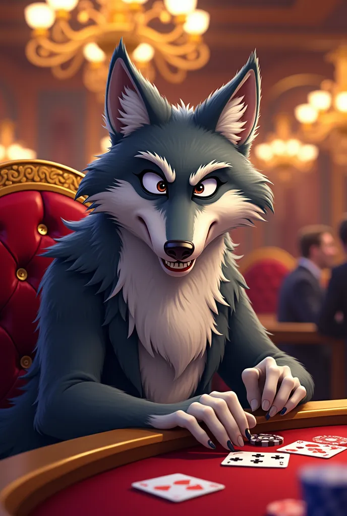 cartoon wolf playing poker in casino