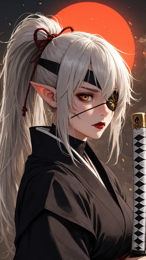 1girl, long hair, gray hair, ponytail, eye patch, kunoichi, samurai, beautiful, pointy ears, holding a katana, amber eyes, tired face, sun, D&D, warlock, freckles, dark red lips, scar on eye, black tint on eye, white katana, nodachi, gothic, witchcraft, fr...