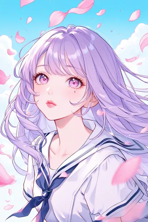 watercolor、 illustrations、1 girl、 beautiful face、cute、blue sky、petal、light purple hair 、 long hair、light pink eyes、Super droopy eyes、 teardrop bags、 sailor suit、 skirt、pink cheeks、 small lips by Telebi、pink lips、 from afar、