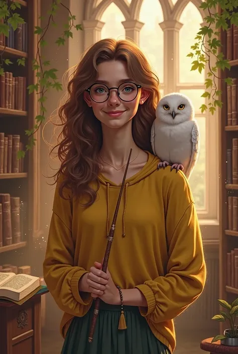 Make a girl in Hufflepuff robes, age 19, wavy brown hairs with glasses and a wand in her hand and a small white owl on her shoulder, standing in a library smiling