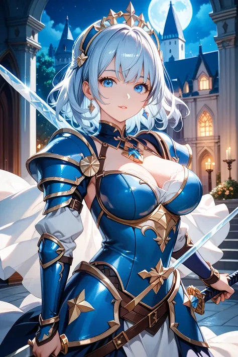 masterpiece, (score_9, score_8_up, score_7_up, score_6_up, score_5_up, score_4_up, super fine illustration, 8K CG wallpaper, best quality, extremely detailed, best aesthetic), 
(1 girl, solo, beautiful girl, cute girl, blue armor, holding ice sword), 
(det...