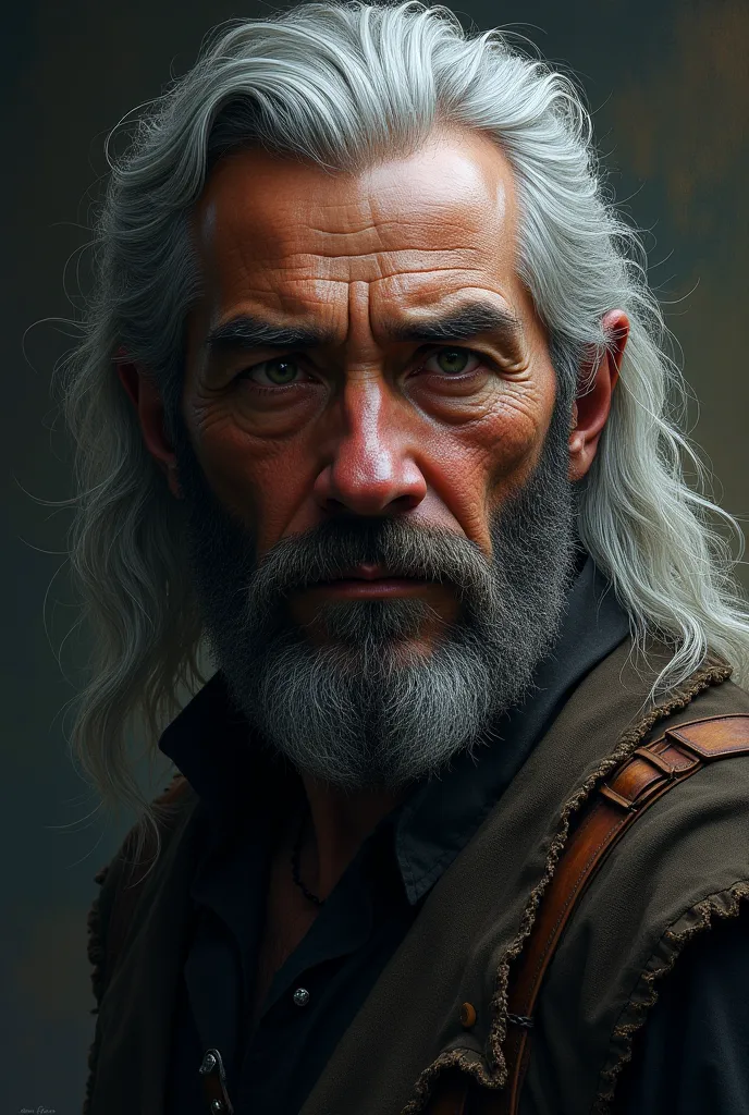 White hair, black beard, brown skin