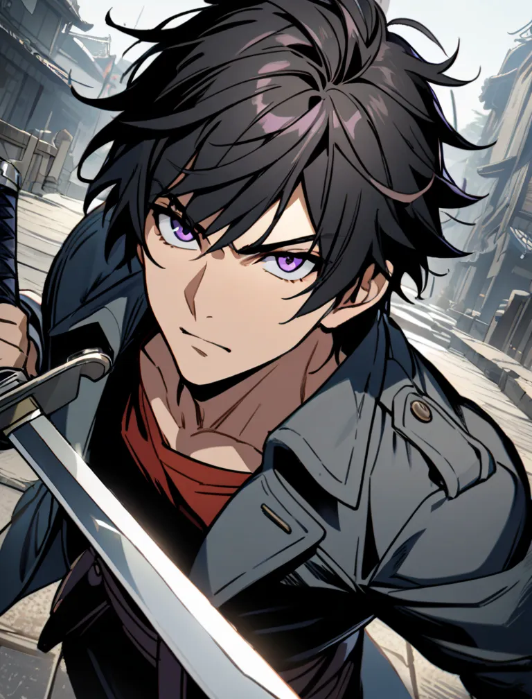 1man, swordsman, black hair, short hair, messy hair, bangs hair, high quality, sword, nice perspective, overcoat, purple eyes, point sword to viewer