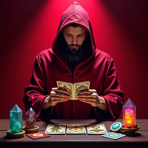 A man holding tarot cards in his hands, Looking Forward,  dressed in red,  with a red background , On a table in front of El Velones,  tarot cards, talismans and crystals