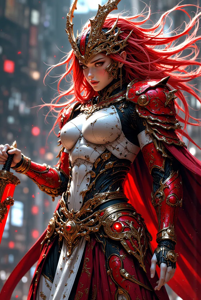  ( bestquality,4K,8k, highres,masterpiece:1.5),ultra-detailed,(realistic,photorealistic,photo-realistic:1.3),HDR,UHD,depicts future robot armor with motifs of gladiators from the ancient Roman Empire、 Concept Art Style 、１８a beautiful red haired girl with r...