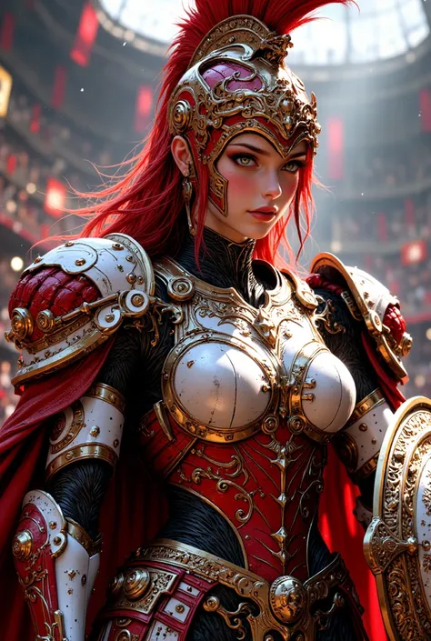  ( bestquality,4K,8k, highres,masterpiece:1.5),ultra-detailed,(realistic,photorealistic,photo-realistic:1.3),HDR,UHD,depicts future robot armor with motifs of gladiators from the ancient Roman Empire、 Concept Art Style 、１８a beautiful red haired girl with r...