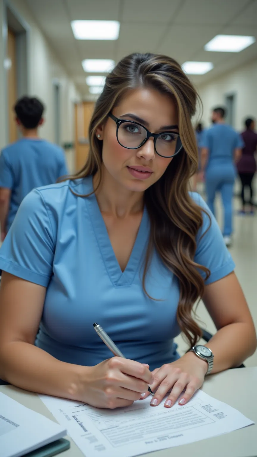 A gorgeous, curvaceous nurse with an irresistibly attractive face and a tight uniform sits at the nurse’s station, filling out a medical report. She wears black-rimmed glasses, which rest slightly down her nose, giving her a sultry yet intelligent look. He...