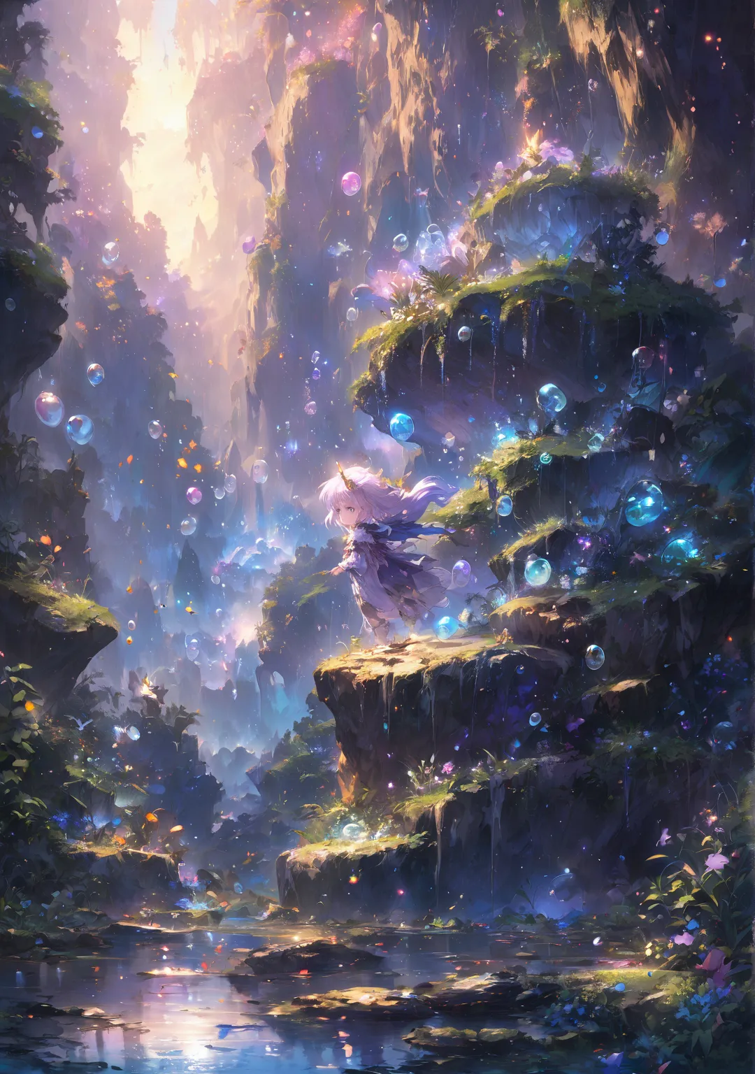 Unicorn on a rock surrounded by bubbles and plants,  Anime Fantasy Illustrations ,  anime fantasy art , beautiful fantasy anime, Lake Wizard