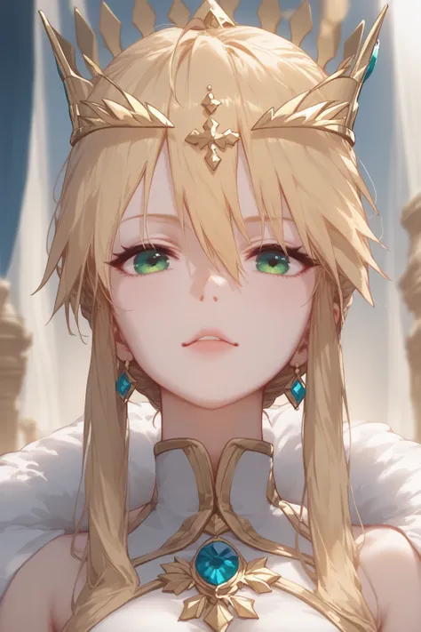 An illustration in style highly detailed and realistic anime by Artoria Pendragon (throw) sitting elegantly on a luxurious throne.  She has long golden blonde hair , with loose locks framing her face, and some emerald green eyes that radiate confidence and...