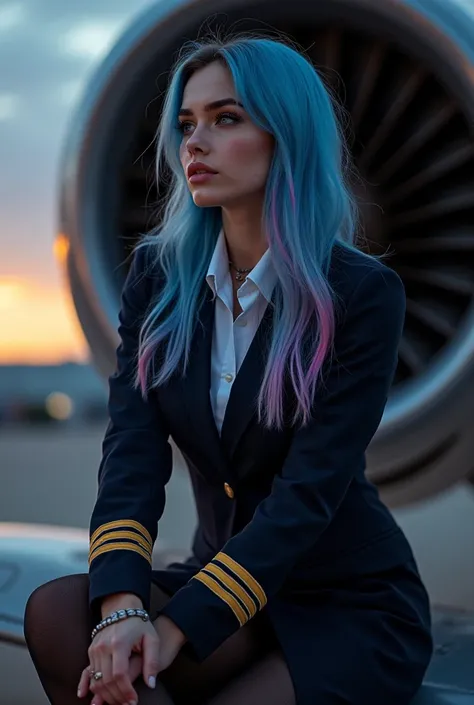 Beautiful girl of 26 years old blue eyes blue hair with neon pink long straight full eyelashes thick lips with tattoos and piercings bright fair skin wears a pilot's uniform:, a dark suit with golden stripes on the sleeves and a white shirt underneath,,bla...