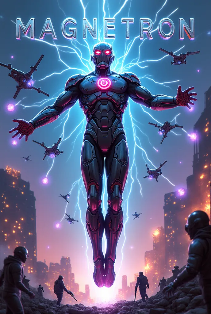 Magnetron (Magneto + Ultron)

 Image Description :

An epic science-fiction cover, depicting Magnetron floating above a collapsing futuristic city. Metallic drones fall from the sky like meteors, while wires of purple and blue energy spread between buildin...