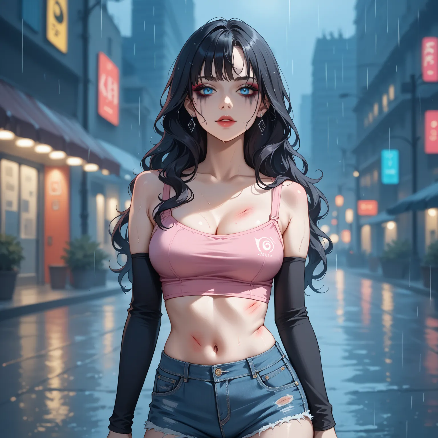 1woman, (modern rooftop background:1.5), long black wavy hair with messy unkept bangs, bruised body with subtle makeup and color-corrected skin, heroin-chic aesthetic, wearing elbow warmers to conceal track marks, frayed jean shorts, dark pink crop top, em...