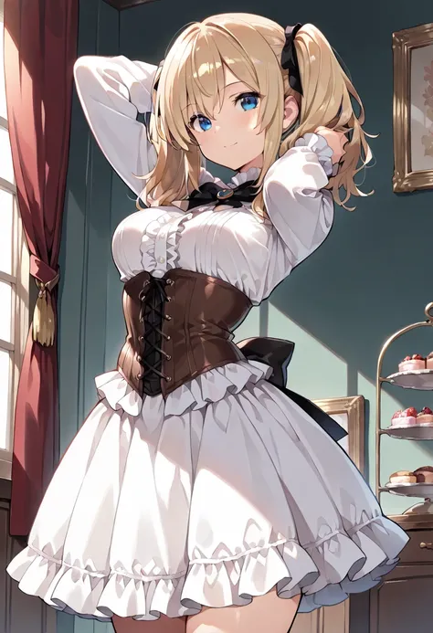 ((masterpiece, best quality, ultra detailed, high resolution, beautiful detailed face, beautiful detailed eyes, perfect hands, 4K)), (1 girl, solo), (medium breasts), (twintails), (blouse, corset, tiered frill skirt), standing, arm behind head