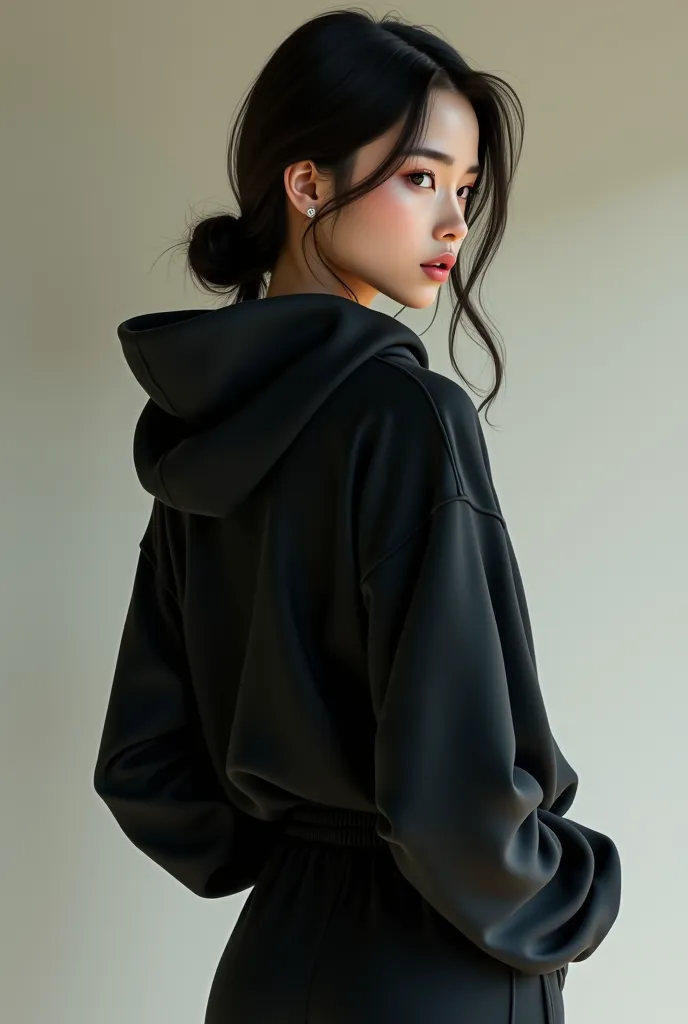 beautiful asian girl in a black hoodie, in black pants,  Japanese aesthetics, gentle background ,  back view 