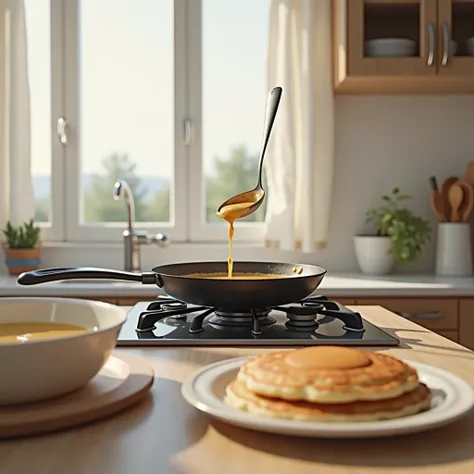 modern kitchen. Window with curtains, daylight
kitchen table and kitchen stove.
On the stove there is a frying pan next to a bowl with pancake batter.
In the air, as if in zero gravity, a ladle over the frying pan.
Nearby on the table there is a plate with...