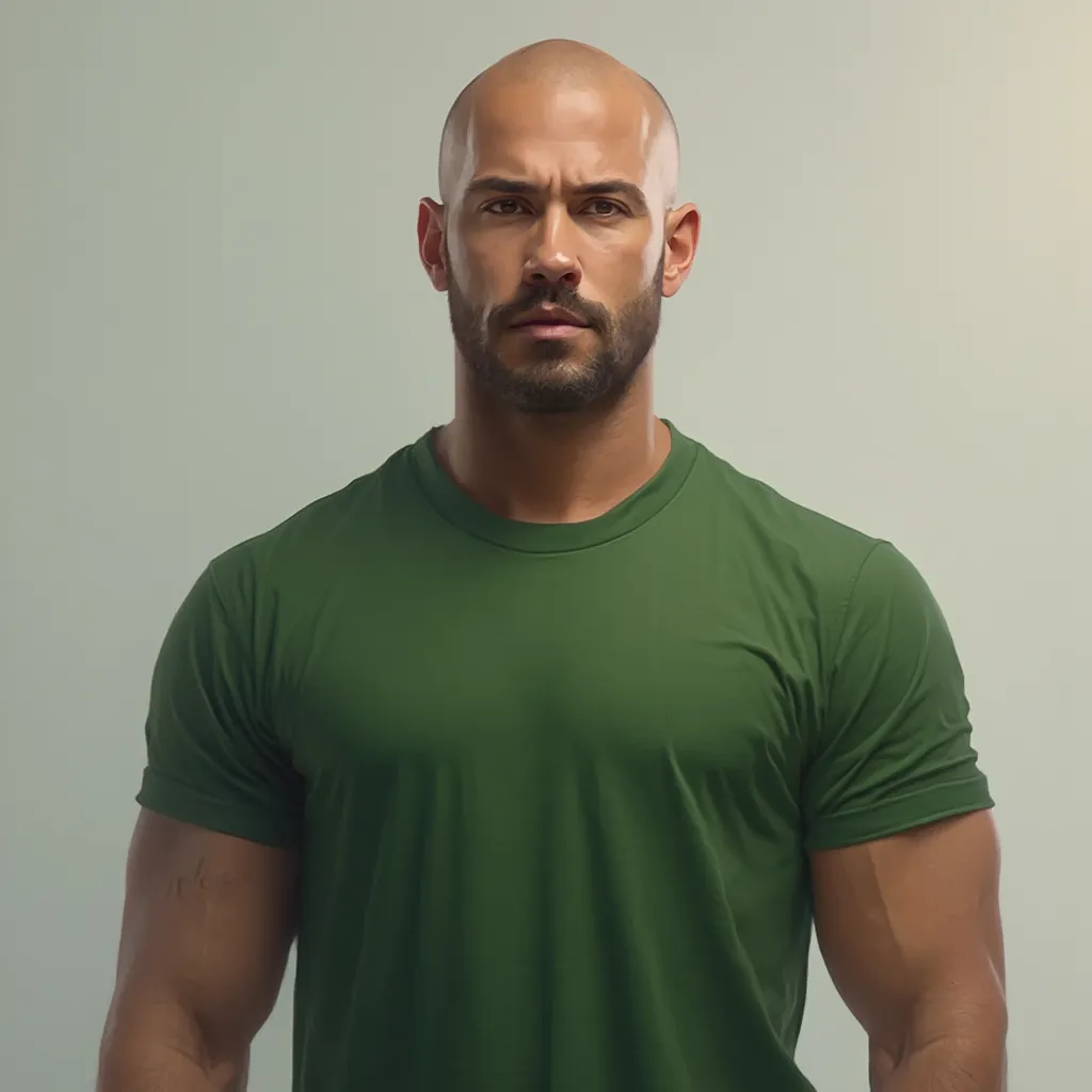 realistic photo full body portrait of a 30-year-old man, bald, with a short beard, wearing a green t-shirt