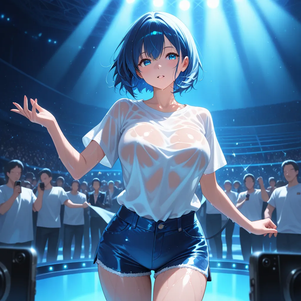 Anime woman with big partially naked tits, in a white wet T-shirt, On stage, in short gin shorts, slightly unbuttoned, nearby, the crowd takes pictures of
