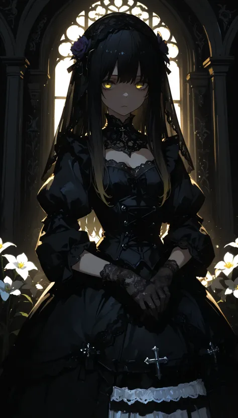top quality , masterpiece, 748cm style , 1 girl, , viewers, , gradient hair, black hair, long hair, yellow eyes , gothic dress, black dress, gothic veil, lace gloves, bridal veil, looking at viewer, gothic background, perfect waist, standing, eyelevel shot...