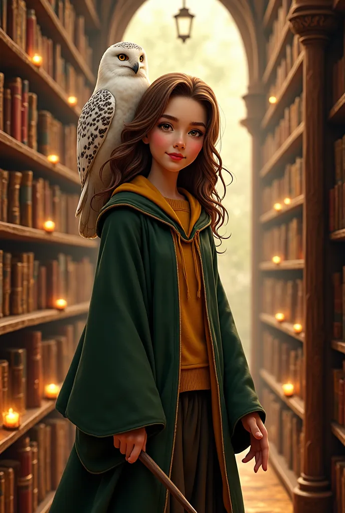 Generate an image of a girl in Hufflepuff robes, have brown wavy hairs and brown eyes. Smiling, standing in a library with wand in her hand and a white owl on her shoulder 