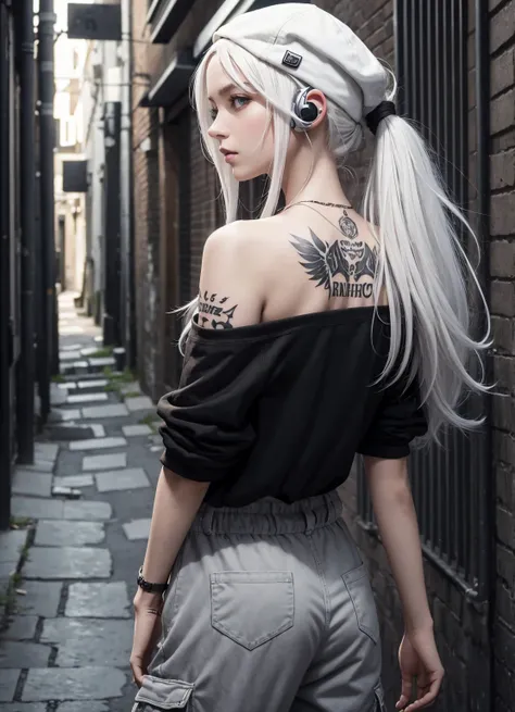 
“Create a high-resolution image of a character with long white hair wearing a cap. The character’s hair is tied and falling down from the back of the cap. They are dressed in an off-shoulder black shirt with the word ‘ROCK’ in white letters on the chest. ...