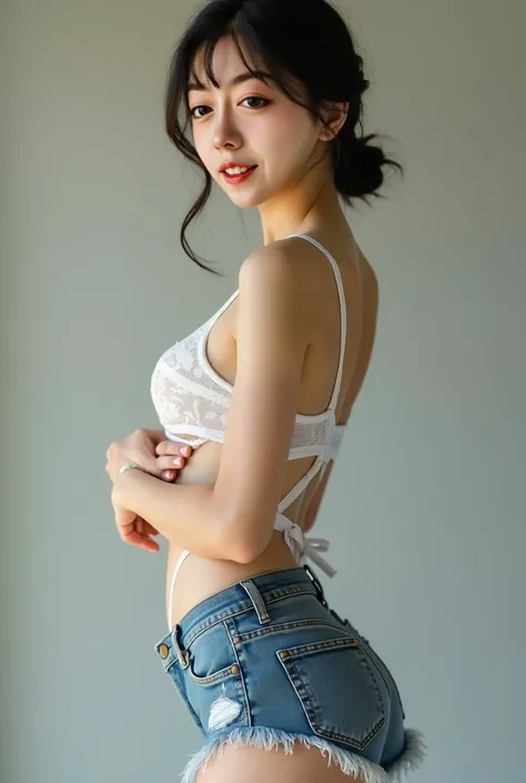 The positive side of a Chinese woman，No makeup， without a top，Wearing white sexy lace underwear，denim suspender skirt，White shoes