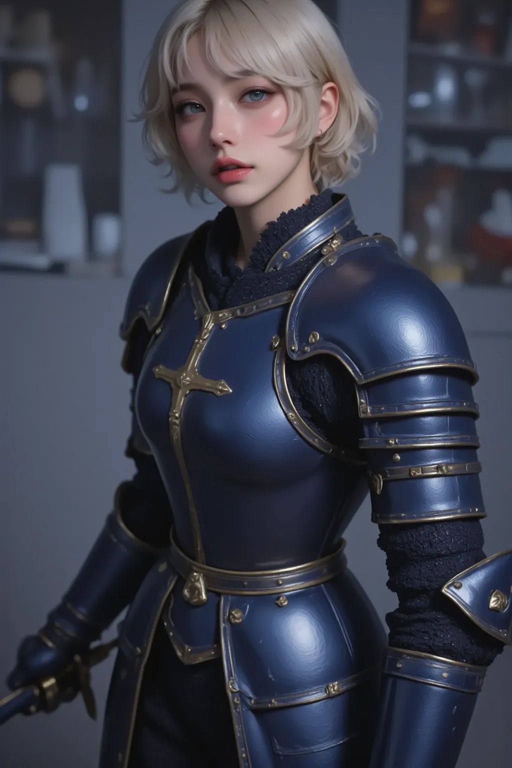 masterpiece, highest quality, solo , blonde hair, male knight (perfect face:1.1), (high detail:1.1), wearing blackish blue full plate armour with a bluish colour sword on one of his hand Full sized image 