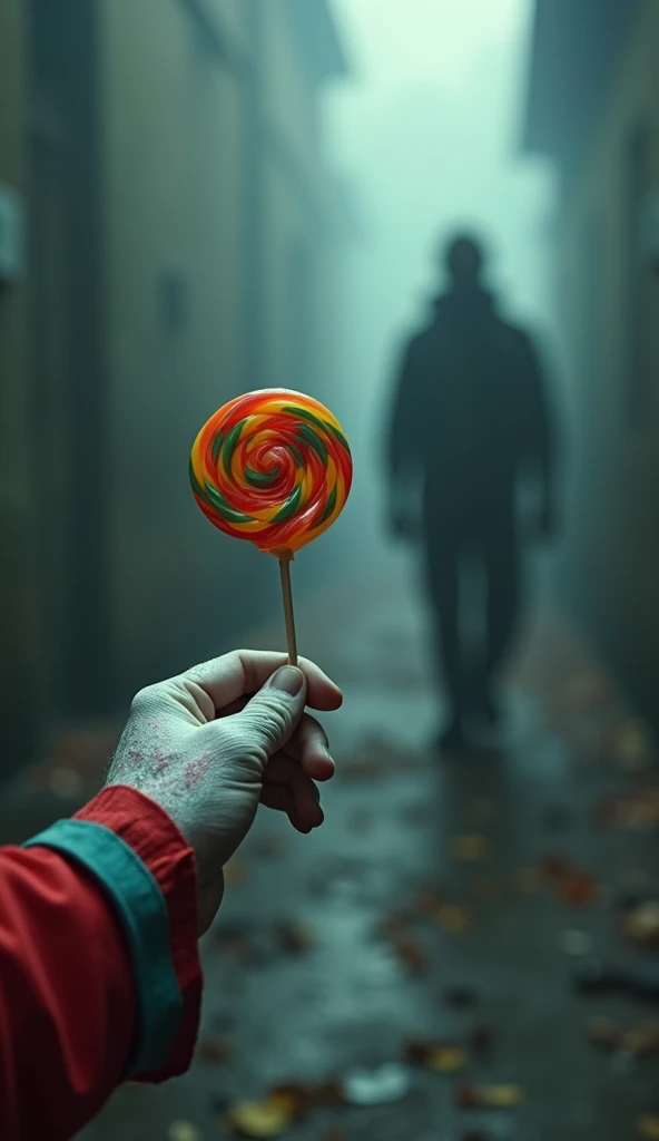  Close-up of a clown's hand holding out a colorful lollipop. The scene is blurry in the background, but it is possible to see the silhouette of a hesitant  about to pick up the candy.