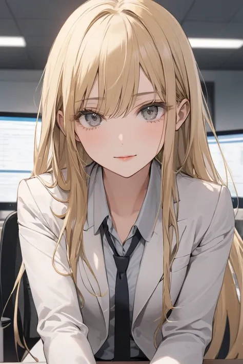 4k , 8k , (only 1 female very long straight blonde hair and have grey eyes) , upper half body focus , small breasts ,wearing white blazer outfits ,  office environment , adult woman , long black stockings , no smile , working pose , medium shot