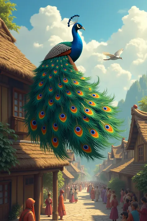 A peacock is dancing on the roof of the village and people are looking at the peacock