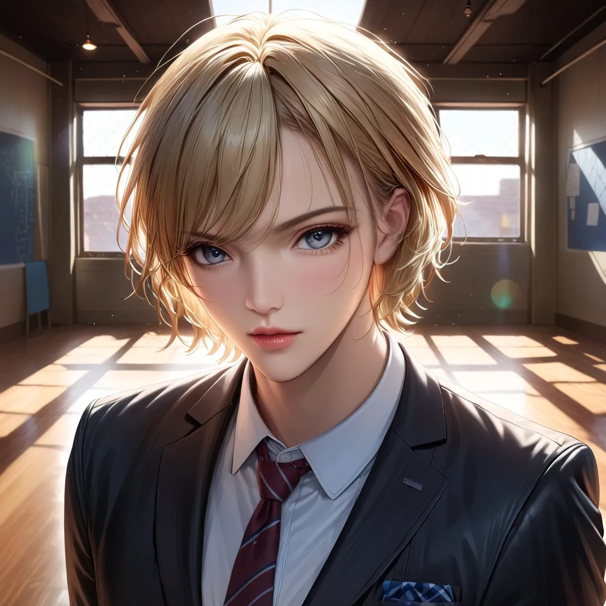 20 year old charming blond short tousled male, High school student in a blazer, Desolate atmosphere , realistic, high definition, Extreme Details , professional, vivid color, Bokeh