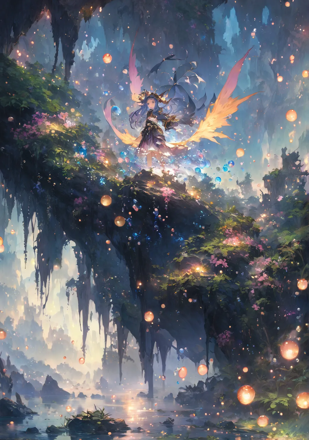 A wizard on a rock surrounded by bubbles and plants,  Anime Fantasy Illustrations ,  anime fantasy art , beautiful fantasy anime, Lake Wizard