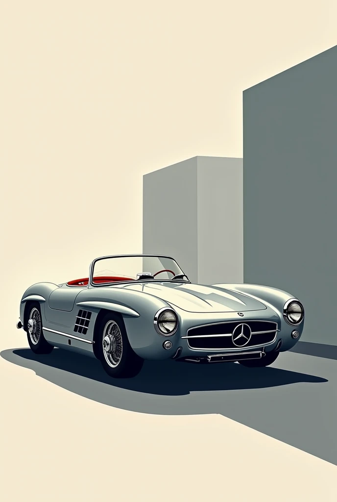 Magnifique Mercedes-Benz 300 SLR, grise, 1955, toit dur, intérieur rouge, design graphic vintage, beaucoup de détails, image vectorielle, très réaliste, vue de coté, arrière-plan abstrait, 