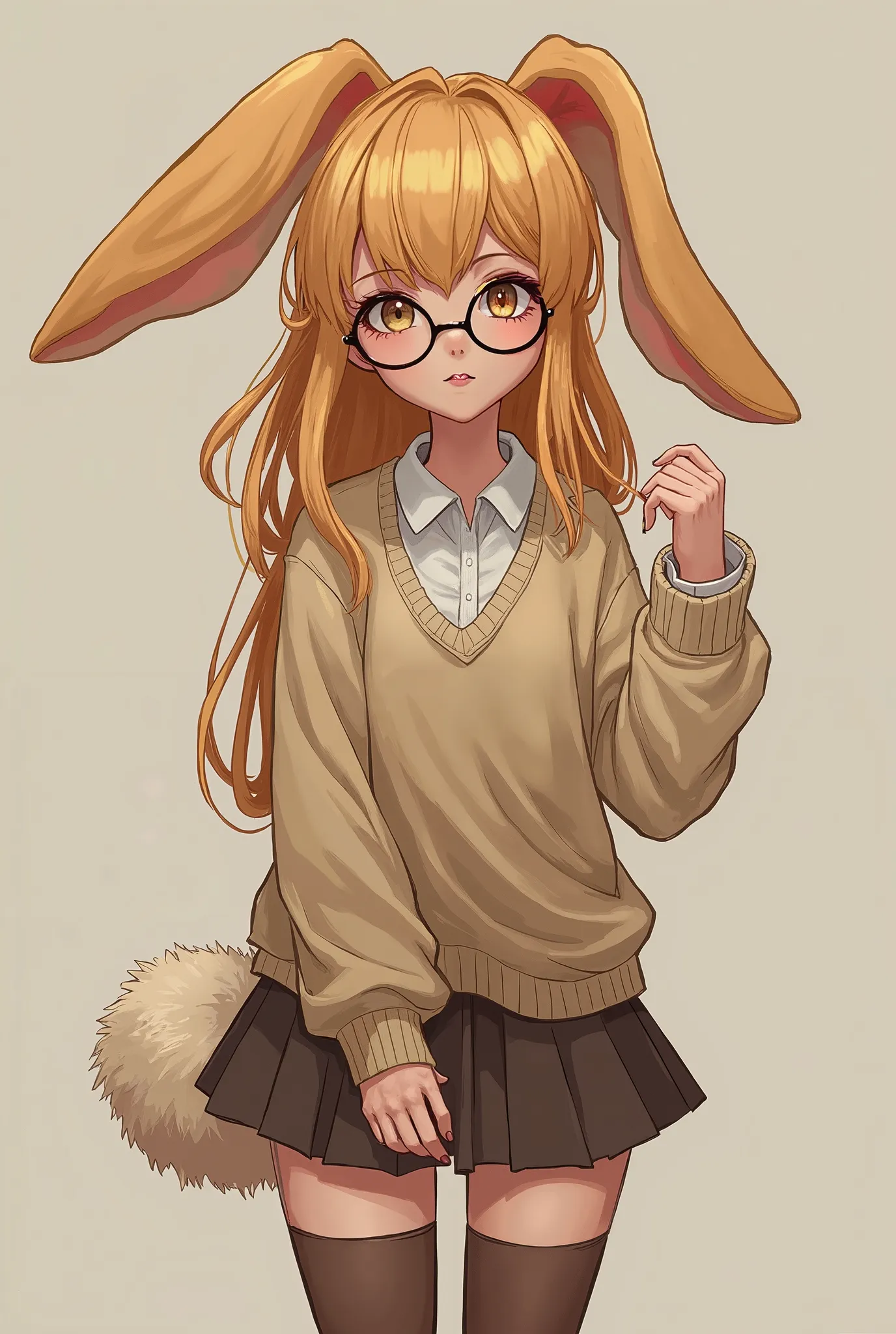 Human woman with fair skin with gold across body strawberry blonde hair with oval glasses has bunny features like floppy ears that go down to her hands and fluffy tail and wears a collar shirt sweater skirt and stockings with boots