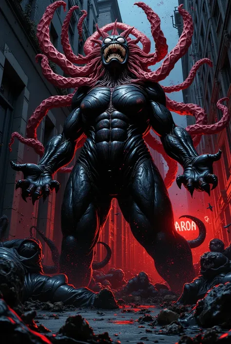 A dark and visceral comic cover, showing Carnom emerging from a whirlwind of symbiotic tentacles that twist around it. The environment is a narrow, dark New York alley, covered through a black and red substance that pulsates as if it had a life of its own....