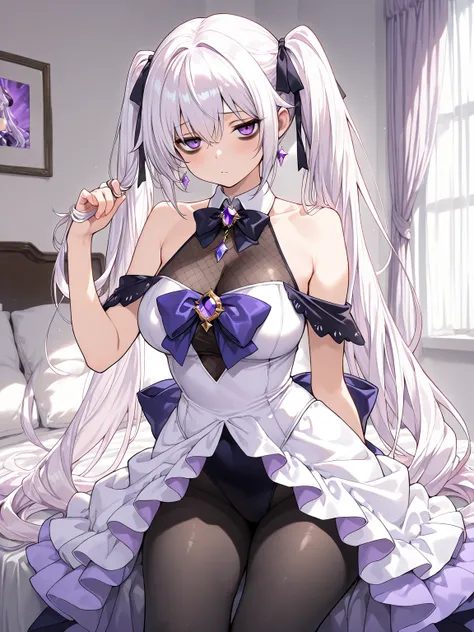 1girl, white hair, very long hair, twintails, purple eyes, bags under eyes, hair ribbon, black off-shoulder dress, layered dress, white halter leotard, leotard under clothes, sleeveless, wing collar halter, bowtie, black pantyhose, breasts bow amethyst orn...