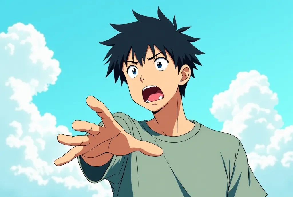  Anime style. anime man, 25 years old.  black hair.  in full. Clear ,  sunny day. The guy pulls his hand away in shock. The guy pulled his hand away, the guy held out his hand