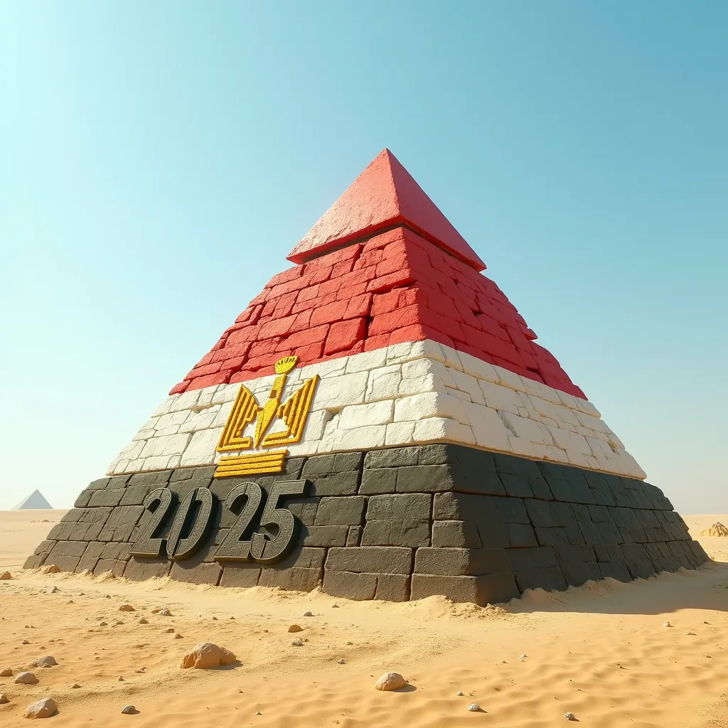 The Great Pyramid in Egypt is painted in the colors of the Egyptian flag and the name is written on its huge stones in a three-dimensional round bold script " Emad Alshayeb 2025 ".