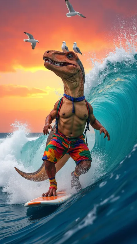 Wearing colorful shorts and a, , a dinosaur balances on a board while surfing a giant wave, headband with seagulls flying around and an incredible sunset on the horizon.anatomically correct, Best quality socks, High resolution, tall details,  Ultra HD, 