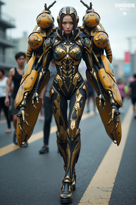 Masterpiece, top quality, 8k, Japanese woman in heavy armed jewel beetle-like animal bio suit, A machine is implanted in the living body, inverted jointed leg, vvivid color and vivid textures, ultimate realistic beautiful female face, bio-mechanical, ultim...