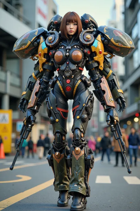 Masterpiece, top quality, 8k, Japanese woman in heavy armed jewel beetle-like animal bio suit, A machine is implanted in the living body, inverted jointed leg, vvivid color and vivid textures, ultimate realistic beautiful female face, bio-mechanical, ultim...