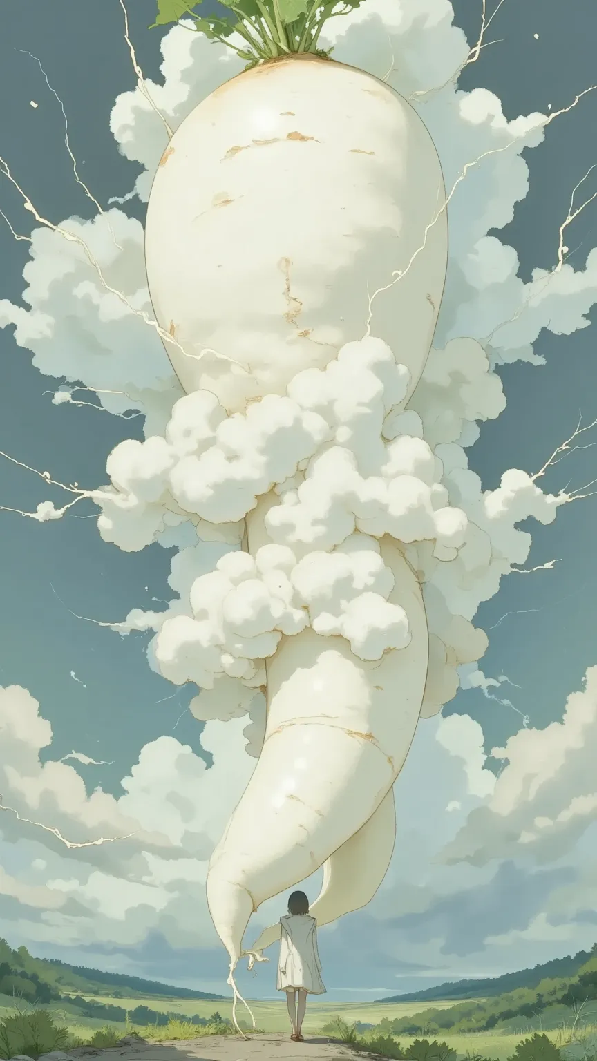 (masterpiece, Intricate), (ultra detailed), (super fine illustration), (extremely detailed CG), (There is one very large thunder cloud in the shape of white radish)

