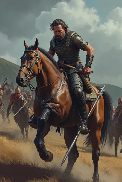 Create an image where the character from the picture is sitting on a horse with a spear and his enemies are running away 