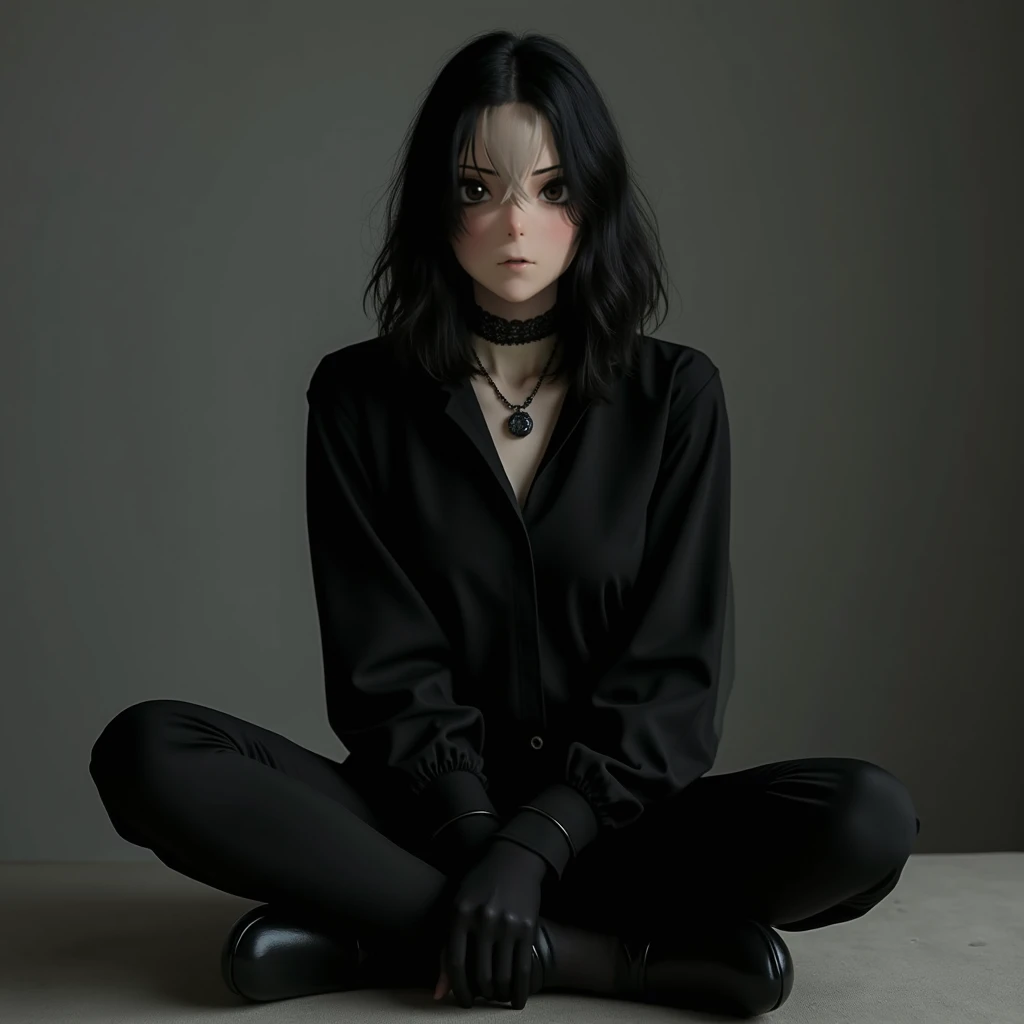  elegant, is usually expressionless, She is cold and calculating. she has scarlet eyes and shoulder-length hair,  pale white skin. Gothic medium punk aesthetics, algo asi como una camisa negra simple y pantalones negros de traje  elegants.  Do you have an ...