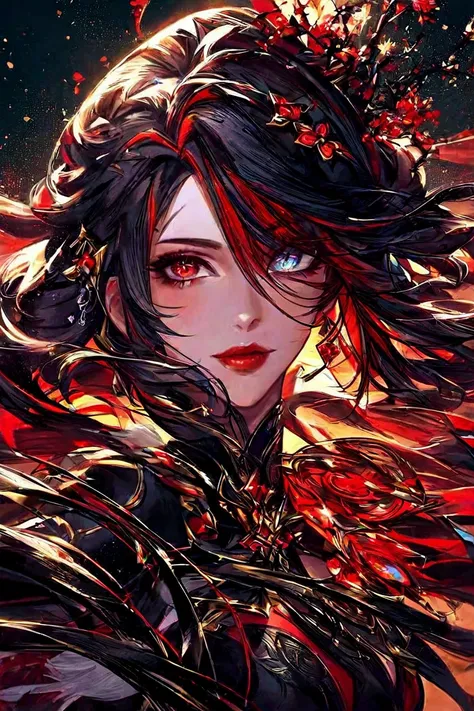  Woman with black and red hair, with heterochromia, with black clothes with red details lunar festival style, only the face